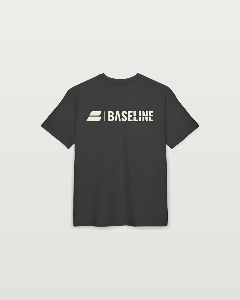 Baseline Vertical Logo black Oversized Tee — Minimal Streetwear Graphic T‑Shirt