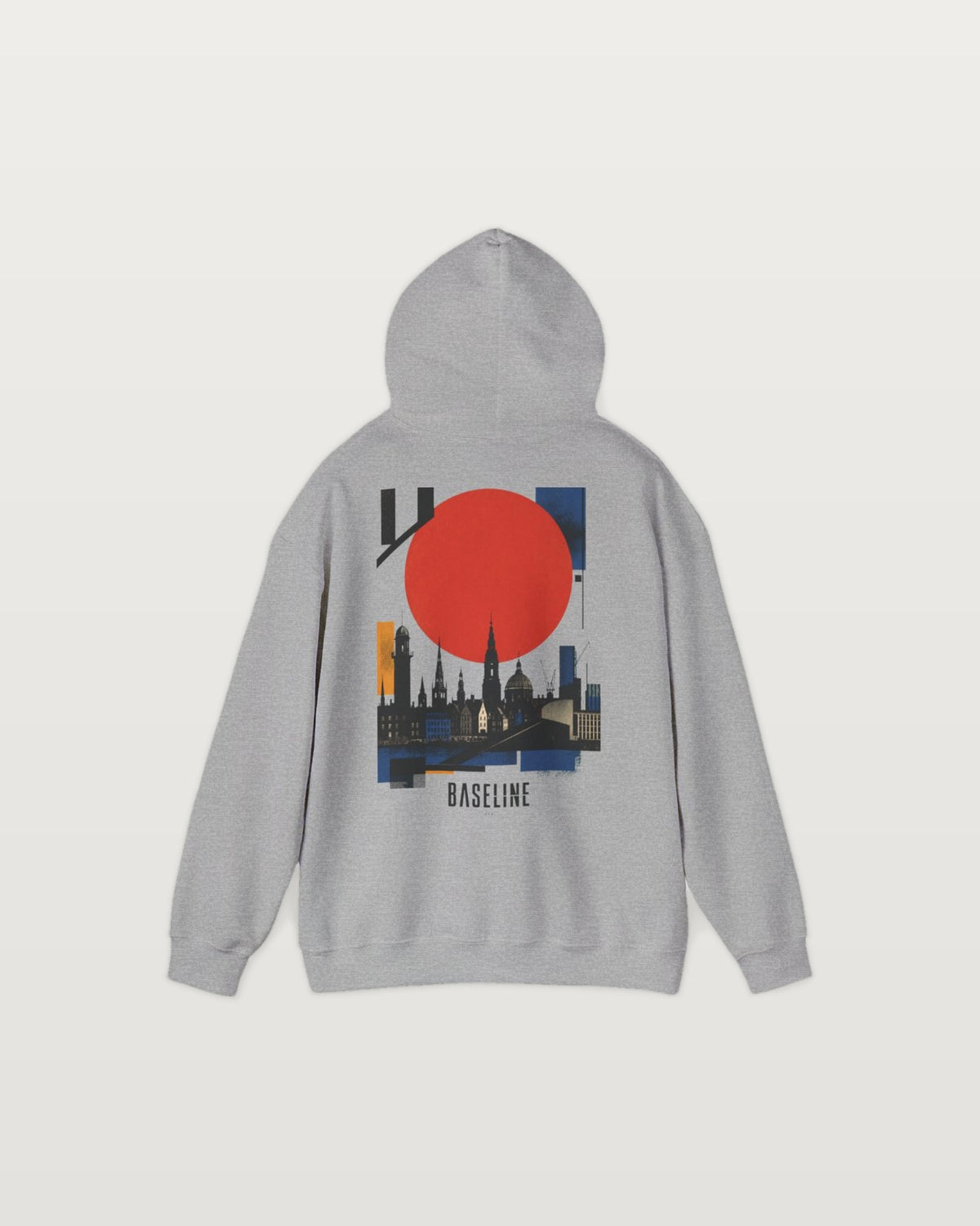 City Skyline Hoodie — Baseline Graphic Hoodie with Red Sun