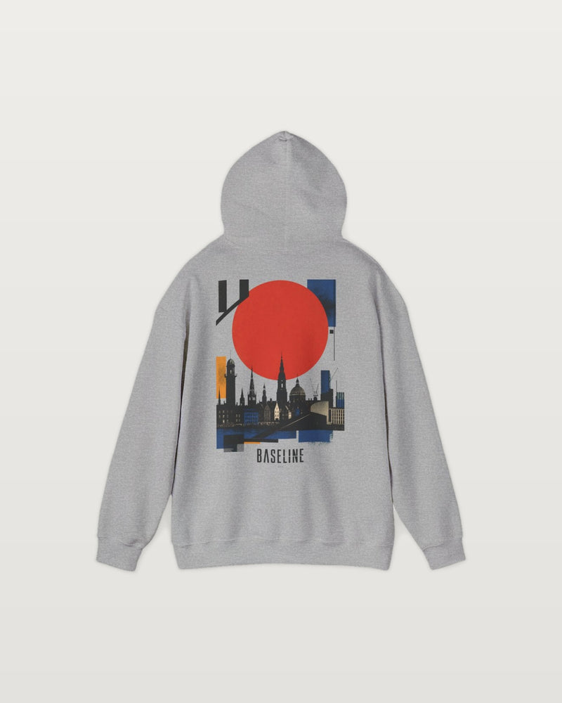 City Skyline Hoodie — Baseline Graphic Hoodie with Red Sun