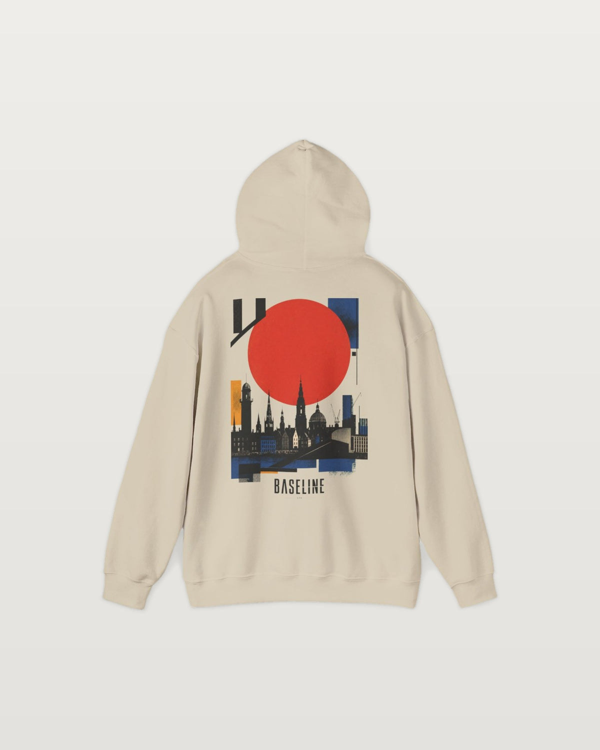 City Skyline Hoodie — Baseline Graphic Hoodie with Red Sun