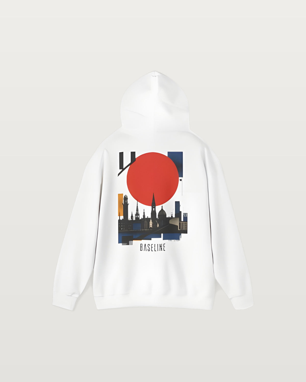 City Skyline Hoodie — Baseline Graphic Hoodie with Red Sun