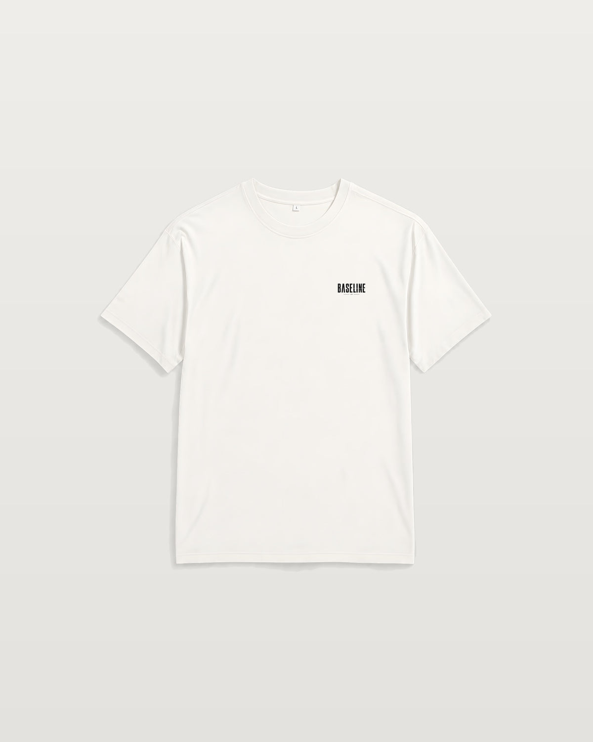 Oversized Tee — 'BASELINE' Minimal Logo & Navy Wave Back Graphic